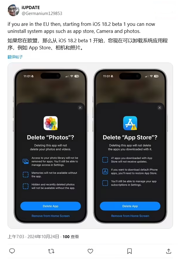 辰溪苹果手机维修分享iOS 18.2 支持删除 App Store 应用商店 